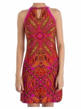 Cache Vintage Y2K Pink Orange Paisley Halter Sheath Dress Medium Cocktail Floral